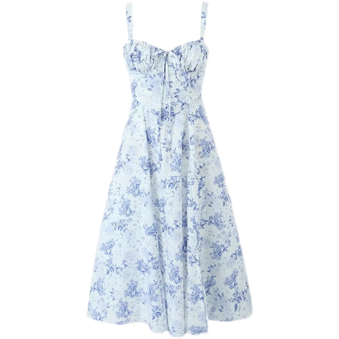 GEUMXL- Blue and white porcelain print mid-length slip dress GEU465