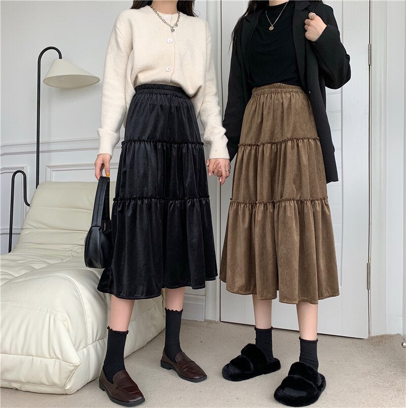 OHRYIYIE Brown Vintage All-match Autumn Winter Velvet Skirt Women High Waist Korean Style Soft Midi Long A-Line Skirts Female