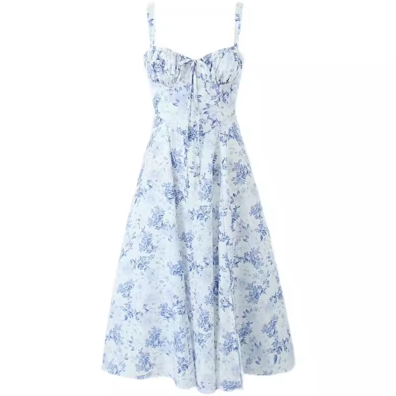 GEUMXL- Blue and white porcelain print mid-length slip dress GEU1283