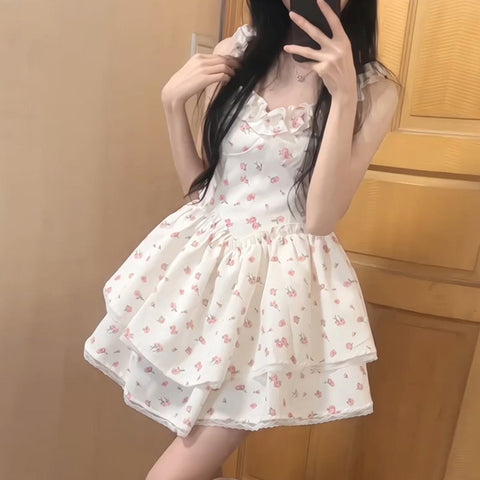 cherry blossom dress to impress Japanese Style White Floral A- line Dress Women's Summer New Hot Girl Pure Desire Style High Waist Princess Pettiskirt