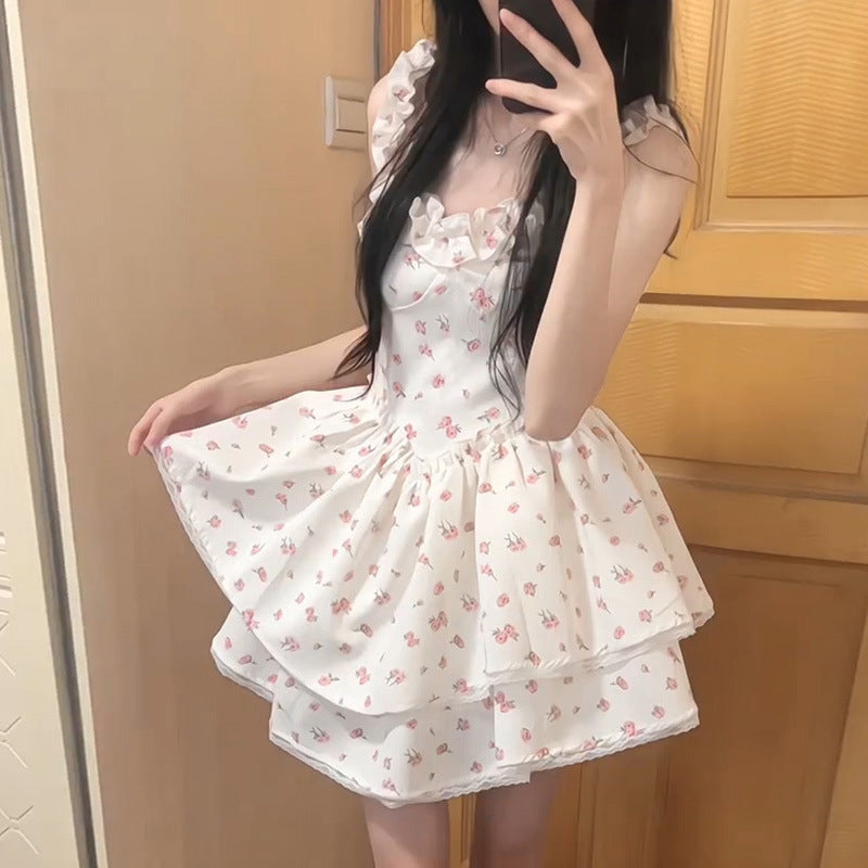 cherry blossom dress to impress Japanese Style White Floral A- line Dress Women's Summer New Hot Girl Pure Desire Style High Waist Princess Pettiskirt