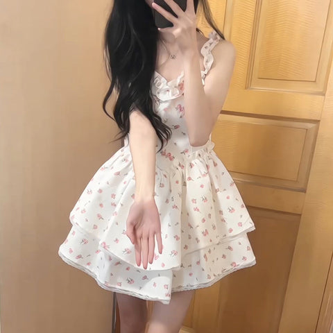 cherry blossom dress to impress Japanese Style White Floral A- line Dress Women's Summer New Hot Girl Pure Desire Style High Waist Princess Pettiskirt