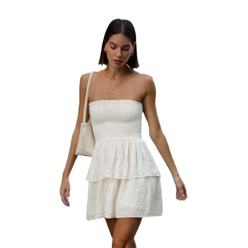 homecoming dresses Sexy Design Strapless Tube Top White Layered Ruffled Dress Spring and Summer Fashion Commuter Skirt