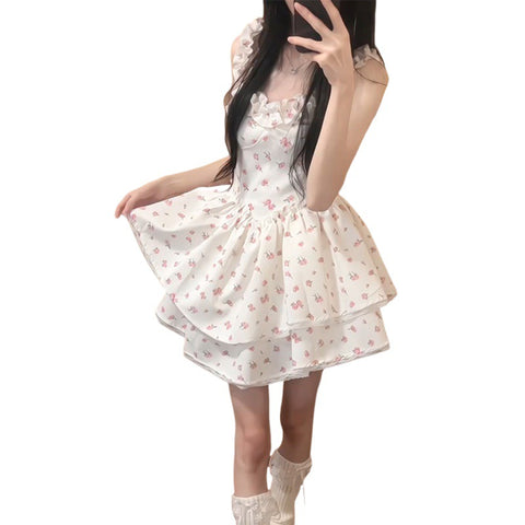 cherry blossom dress to impress Japanese Style White Floral A- line Dress Women's Summer New Hot Girl Pure Desire Style High Waist Princess Pettiskirt