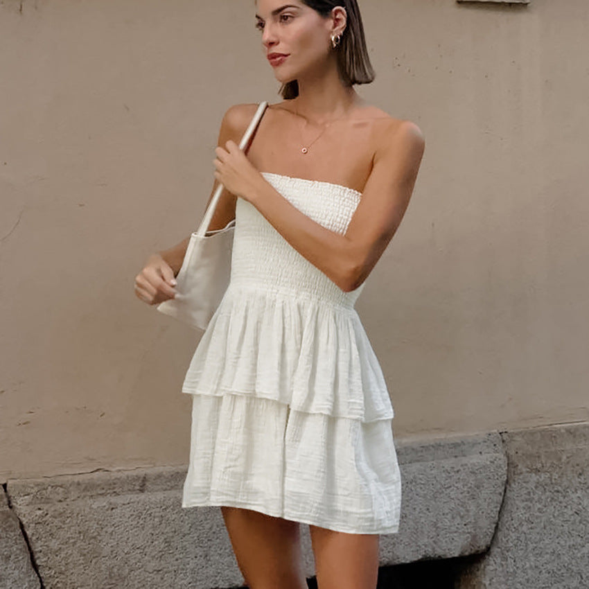 homecoming dresses Sexy Design Strapless Tube Top White Layered Ruffled Dress Spring and Summer Fashion Commuter Skirt