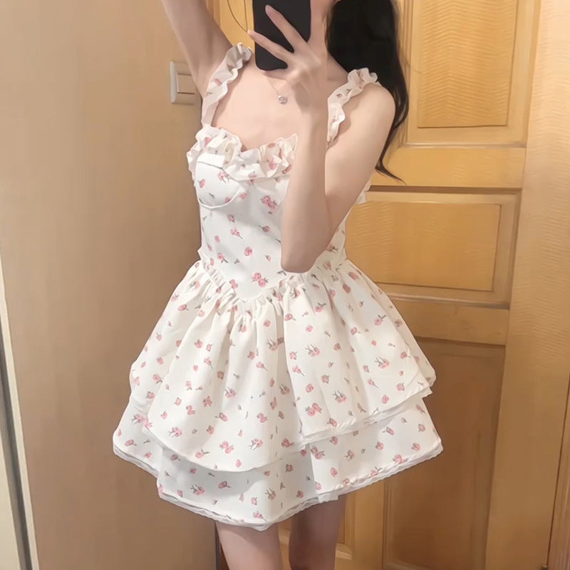 cherry blossom dress to impress Japanese Style White Floral A- line Dress Women's Summer New Hot Girl Pure Desire Style High Waist Princess Pettiskirt