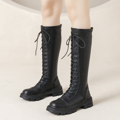 Geumxl Short Plush Knee High Boots Women 2023 New Back Zipper Warm Winter Long Boots Woman High Heels Pu Leather Booties Mujer
