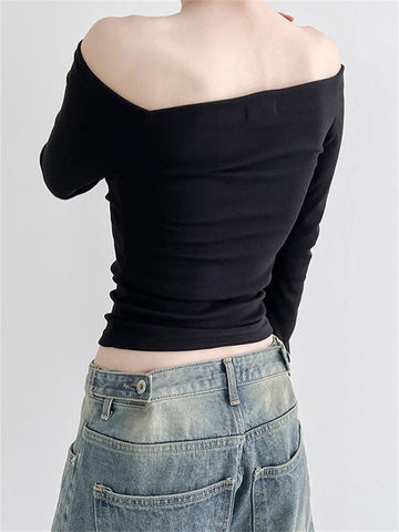 Geumxl Slash Neck Off Shoulder Black Tees Shirts Tops for Women Long Sleeve Slim Fit Solid Fall T-shirts Streetwear 2023 New