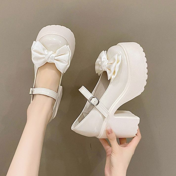 Geumxl White Platform High Heels Women Mary Jane Chunky Heel Shoes Bows Elegant Woman Heeled Pumps Round Toe Shoes Women's Wedding Shoe