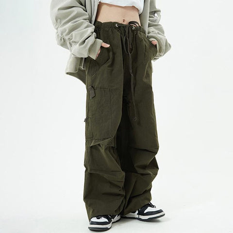 Geumxl Green Cargo Pants Women Wide Leg Trousers Lace-up Korean Fashion Casual Pocket Streetwear Hip Hop Women's Clothing