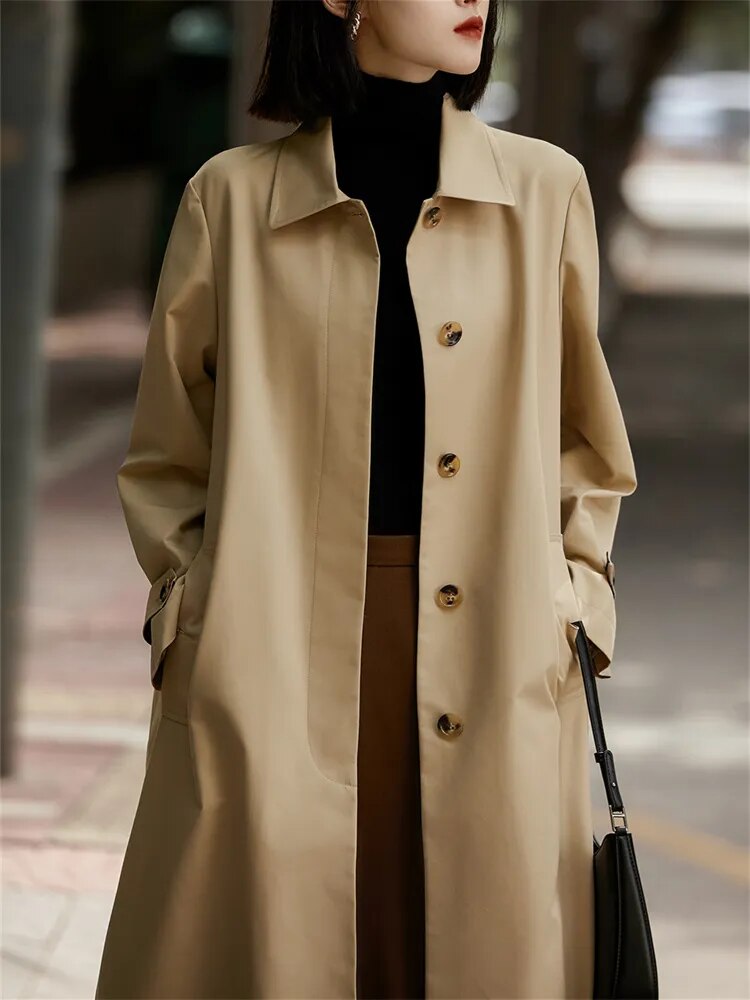 Geumxl Long Trench for Women Fall Winter 2023 New Korean Fashion Single Breasted Turn Down Collar Casual Jacket Ladies Coats