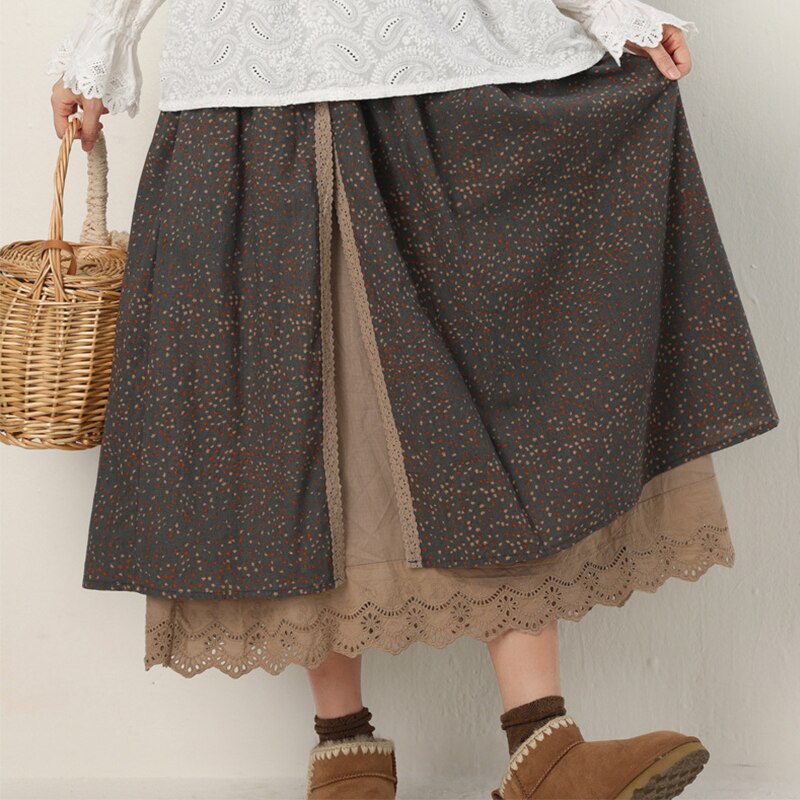 Geumxl Spring Autumn Floral Embroidered Dot Skirt Women Clothing Mori Girl Sweet Loose Fake Two Pieces A-line Skirts K069
