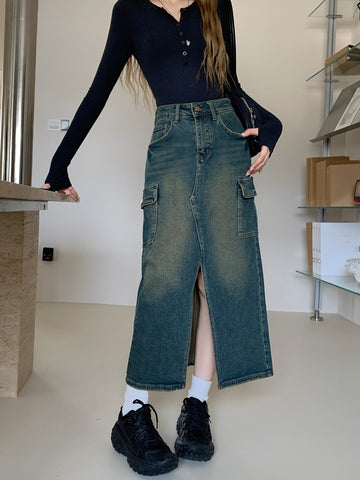 Geumxl Vintage Long Denim Skirt Women Korean Streetwear High Waist Distressed Big Pockets Split Jeans Cargo Skirt Autumn 90s