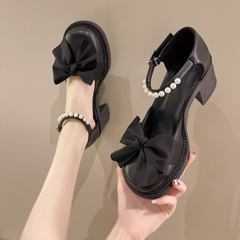 Geumxl bow pearl sandals High Heels Women's 2023 Spring New Korean Style Versatile Closed Toe Sandals Mary Jane Chunky Heel Pumps