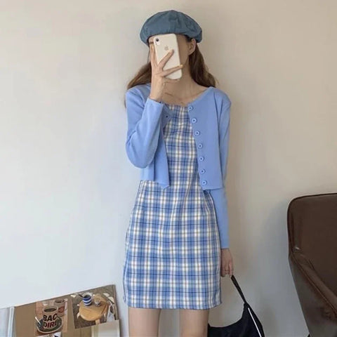 Geumxl--hoco dresses 2024 Summer New Matching Sets Sweet Slim Plaid Slip + Solid color long sleeve Cardigan Prairie Chic A-line Two-piece Dress Suits