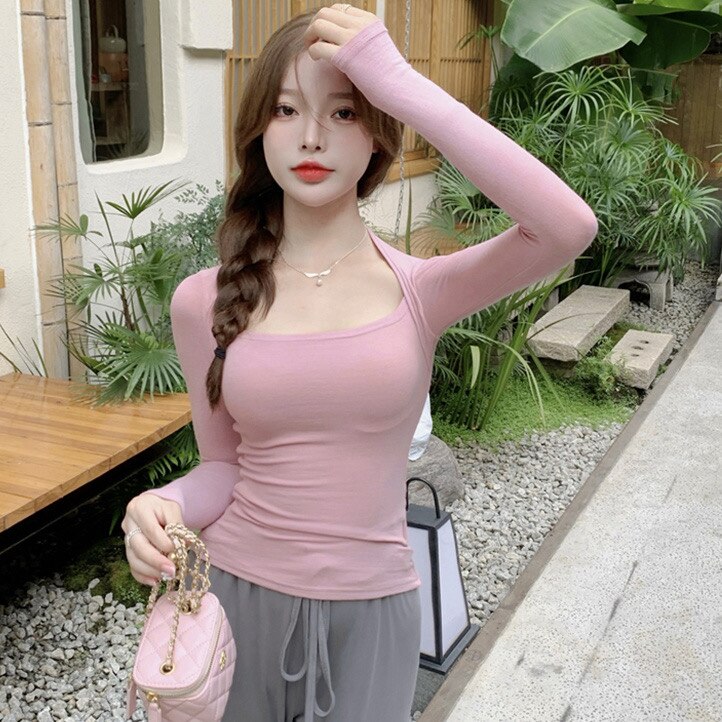 Geumxl Woman's Clothing Spring Autumn Style Basic T-Shirts Tops Lady Slim Long Sleeve Square Collar Sheath Tops SS044