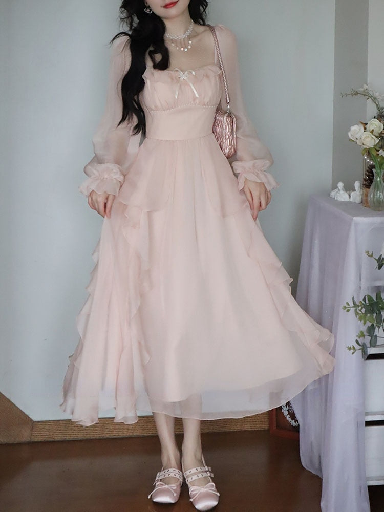 Geumxl 2023 Summer Pink Chiffon Vintage Fairy Dress Women Korean Style Elegant Party Midi Dress Female Court Retro Flare Sleeve Dresses