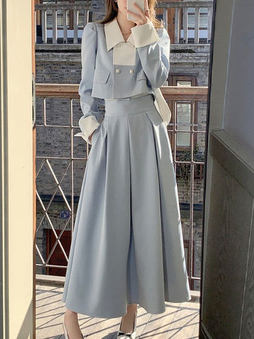 Geumxl 2023 Autumn Elegant 2 Piece Dress Set Women Slim Vintage Party Office Lady Korean Suit Long Sleeve Crop Tops + Casual Midi Skirt