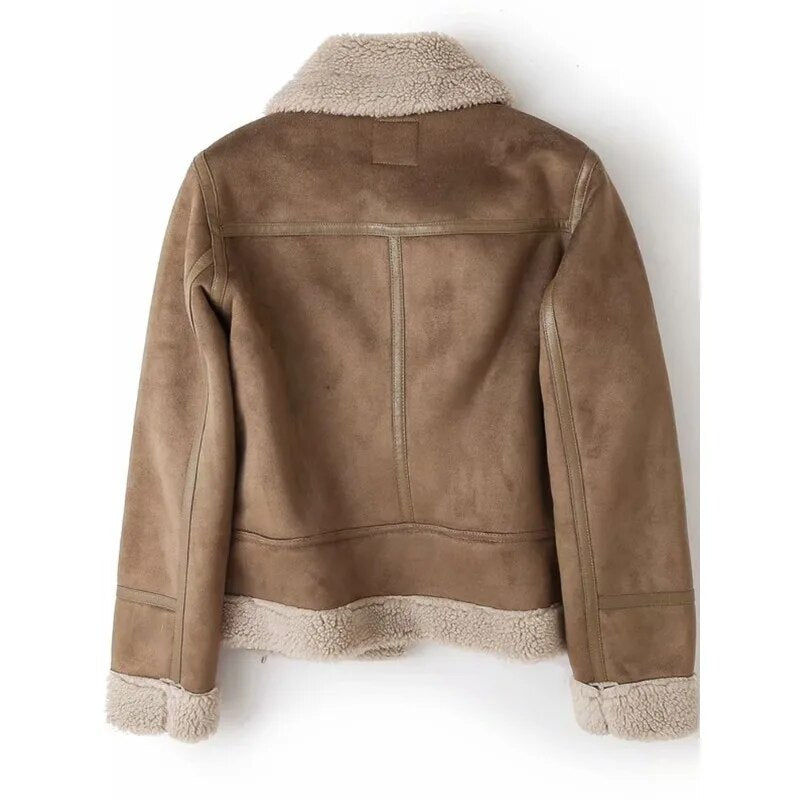 Geumxl Women Winter Faux Shearling Sheepskin Fake Leather Jackets Lady Thick Warm Suede Lambs Short Motorcycle Brown Coats