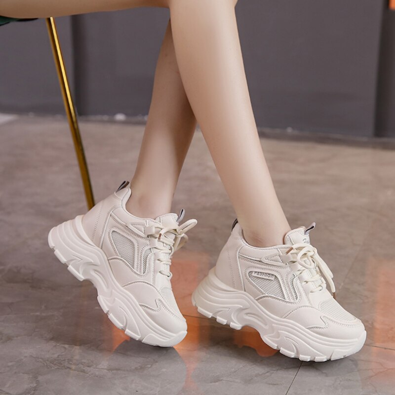 Geumxl Women's Chunky Platform Sneakers 2023 Autumn Breathable Mesh Thick Sole Sports Shoes Woman Lace-Up Non-Slip Casual Shoes