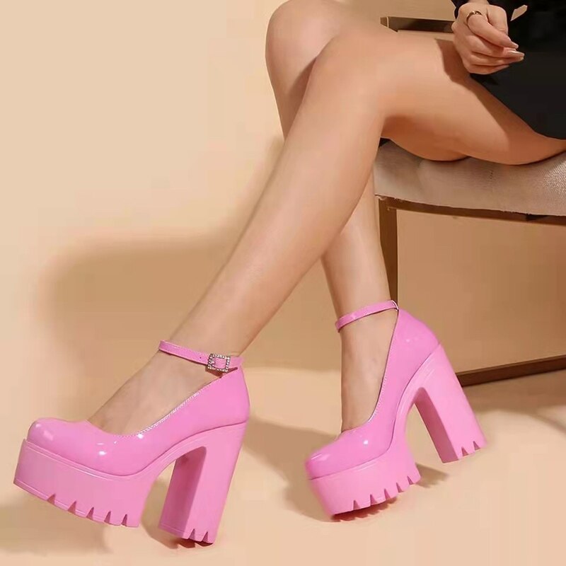 Geumxl 2023 Pink Patent Leather Women Shoes Gothic Chunky Platform Pumps Woman Round Toe Ankle Strap High Heels Punk Shoes for Female
