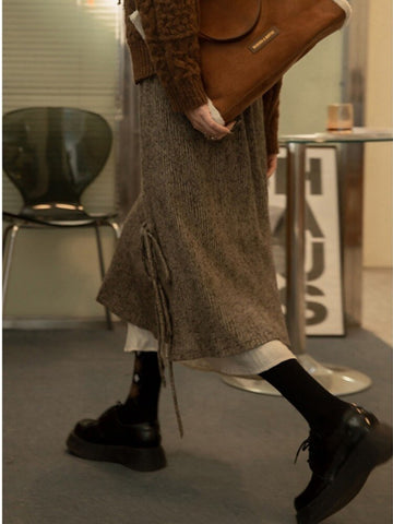 Geumxl Corduroy Midi Skirt Women Vintage Bandage Patchwork Elastic Waist A-line Long Brown Skirt Autumn Casual Female
