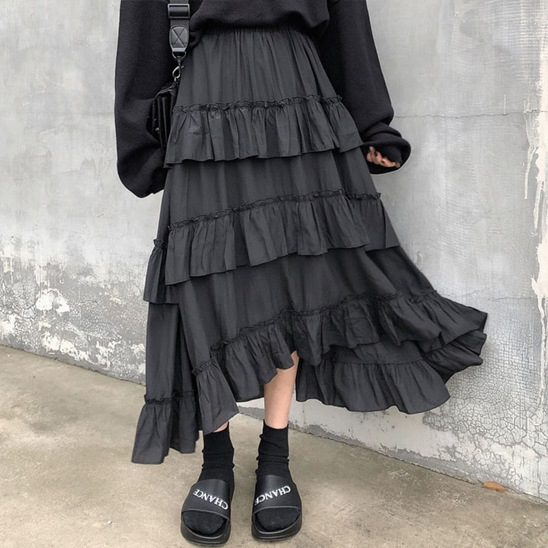 Geumxl Black Long Skirts Women Gothic High Low Ruched Ruffle High Waist Asymmetrical Midi Skirt Korean Fashion Fairy Grunge