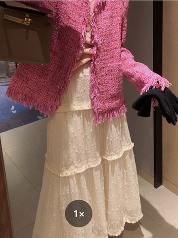 Geumxl Fairycore Lace Long Skirt Women Autumn Winter Korean Fashion Elastic Waist A-line Tassels Midi Skirt Mori Girl Style