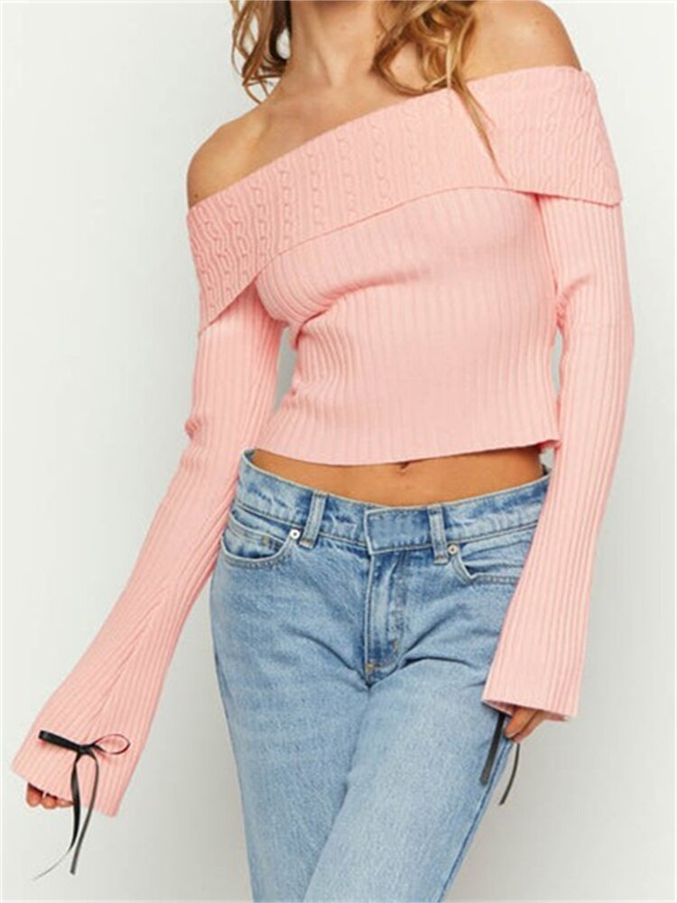 Geumxl Ruched Ribbed Long Flare Sleeve Pullovers Tops for Women Bow Patchwork Slash Neck Off Shoulder Pullovers Fall Jumpers