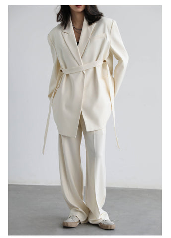 Geumxl Women Blazer Design Wide Shoulder Ribbon Solid Women's Medium Long Coat Office Lady Female Overcoat Spring Autumn 2023