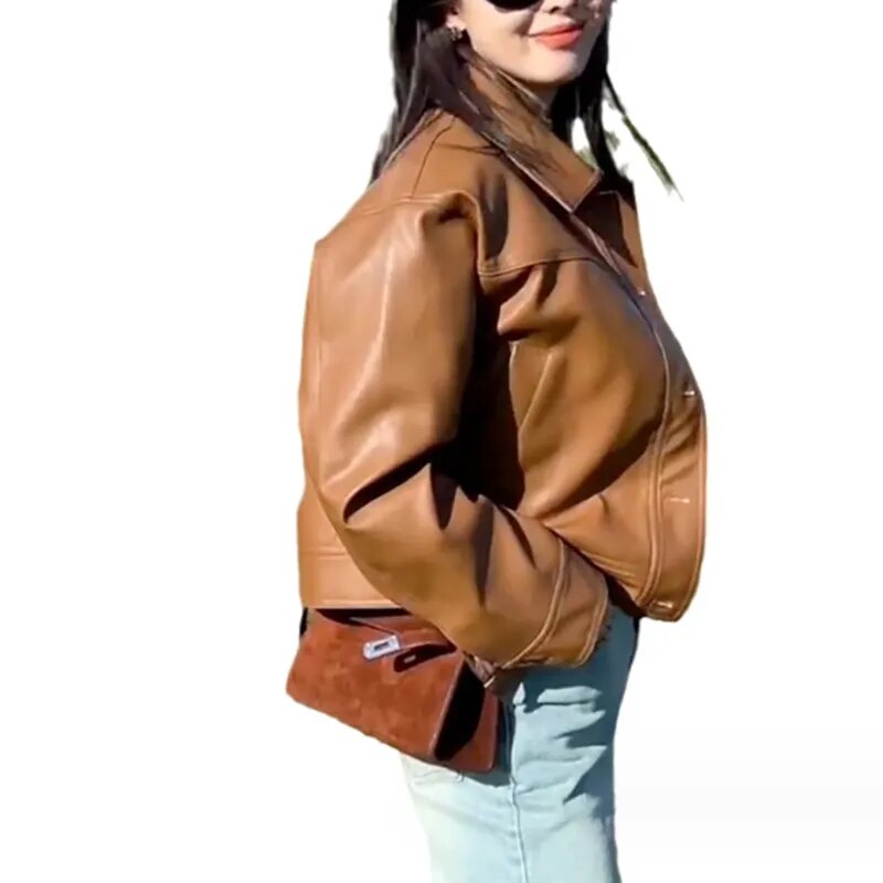 Geumxl Women 2023 Autumn Vintage PU Loose Short Brown Motorcycle Jacket Fashion Gray Leather Coat For Women