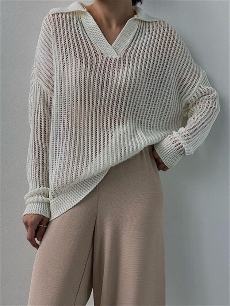 Geumxl Women Loose Casual Knitted Hollow Out Pullovers Tops Solid Color Long Sleeve Lapel Spring Autumn V-neck Sweaters 2023