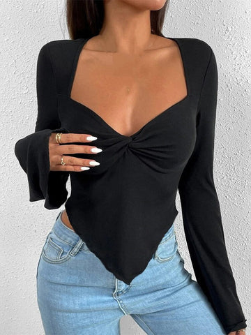 Geumxl Long Flare Sleeve V-neck Low Cut T-shirts Tops for Women Front Ruched Criss-cross Solid Slim Fit Irregular Hem Tees
