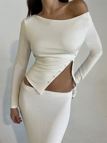 Geumxl Women Slim Fit Side Split Irregular Hem T-shirts Tops Solid Off Shoulder Long Sleeve Exposed Navel Tees Clubwear 2023