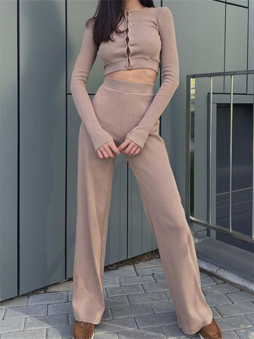 Geumxl Knitted 2 Piece Women Sets Long Sleeve Button Up T-shirts Crop Tops High Waist Wide Leg Pants Bottoms Streetwear 2023