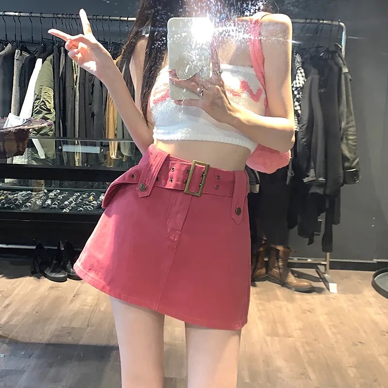 Geumxl American Retro Aesthetic Jeans Skirts For Women Fashion 2023 Summer Korean Y2k Sexy Black White Pink Denim Mini Skirt Belt Femme