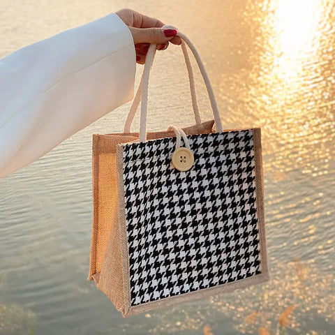 Geumxl Houndstooth Lunch Bags Linen Fashion Ins Large Capacity Food Storage Tote Bag Functional Portable Travel Picnic Outdoor Lady New