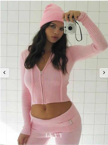 Geumxl Knit Pant Sets Female Y2k Streetwear Long Sleeve Hooded Zip Up Crop Sweater Autumn Winter Sexy 2 Piece Sets Fashion