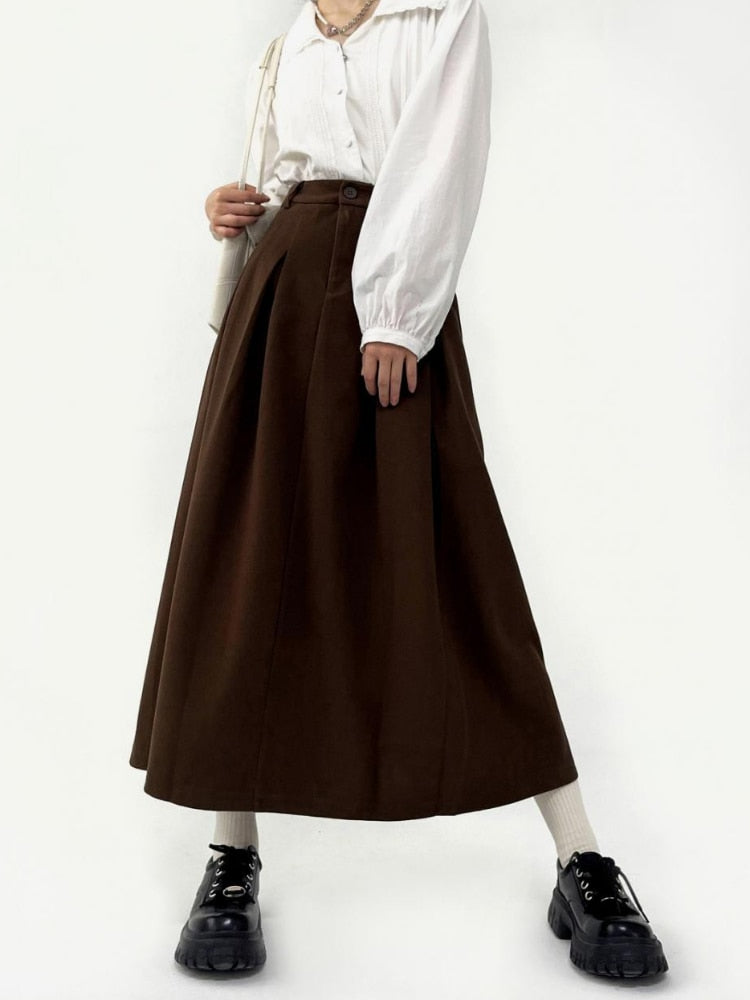 Geumxl Long Pleated Skirt Women Black Vintage High Waist A-line Korean Style Midi School Skirt Autumn Casual Fashion Female