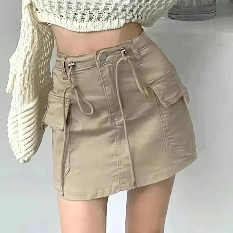 Geumxl Mini Denim Skirts Women Summer 2023 Army Green Multi Pockets Streetwear Skirt Drawstring High Waist Mini Skirts Woman