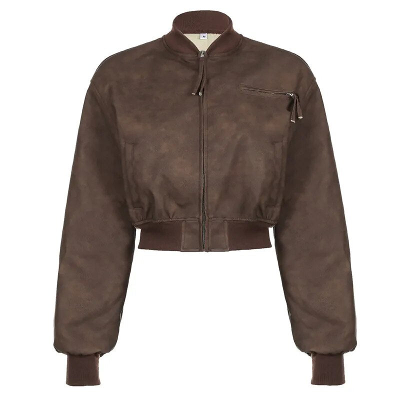 Geumxl Streetwear Brown Zipper Leather Jacket Vintage Y2K Autumn Coat Solid Grunge Winter Clothes Motorcycle Jackets Outwear