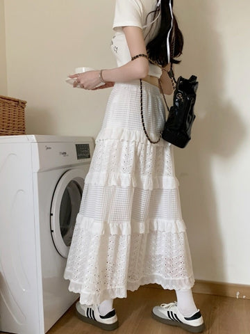 Geumxl White Long Skirt Women Fairycore Lace Patchwork Hollow Out Korean Style Loose Ruffle Maxi Skirt Vintage Mori Girl