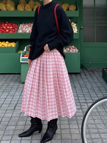 Geumxl Pink Plaid Long Skirt Women Korean Fashion Vintage High Waist A-line Loose Pleated Skirt for Girls Casual Y2k Autumn