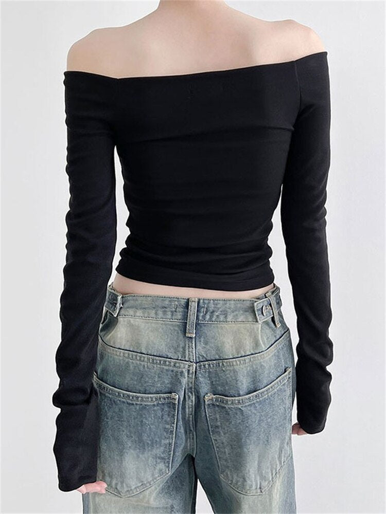 Geumxl Slash Neck Off Shoulder Black Tees Shirts Tops for Women Long Sleeve Slim Fit Solid Fall T-shirts Streetwear 2023 New
