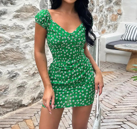 Geumxl--hoco dresses Woman Summer Elegant Slim Fit Short V-Neck Floral Mini Dress Fashion Lady Sexy Robes New Style Versatile Casual Printed Dress