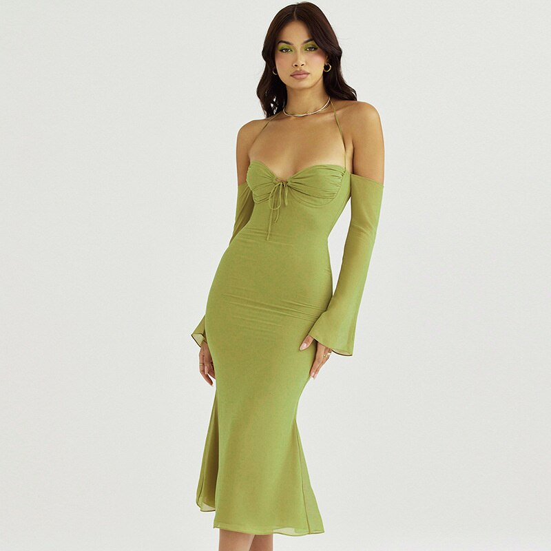 Geumxl Summer Women Strapless Sexy Dress Lady Sexy Long Sleeve Backless Solid Color Party Club Sheath Dress Vestidos SS194