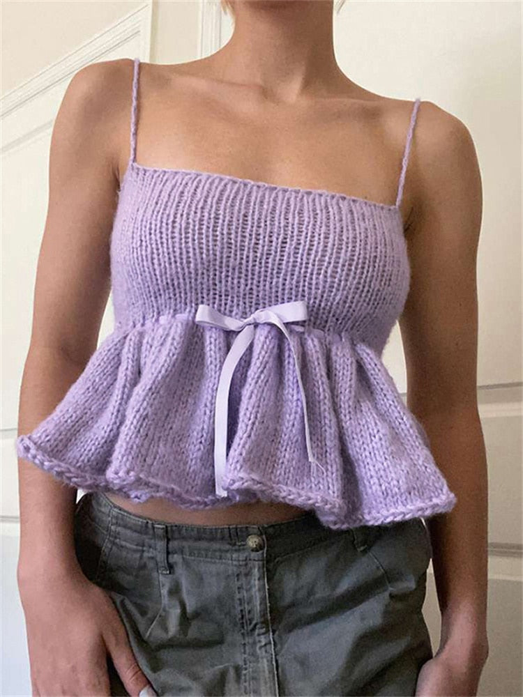Geumxl Women Summer Autumn Knitted Camisole Tops Sleeveless Backless Bow Knitwear Mini Vest Tops Streetwear 2023 Tie-up Tank