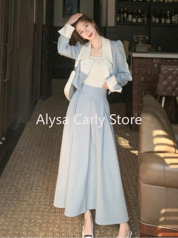 Geumxl 2023 Autumn Elegant 2 Piece Dress Set Women Slim Vintage Party Office Lady Korean Suit Long Sleeve Crop Tops + Casual Midi Skirt