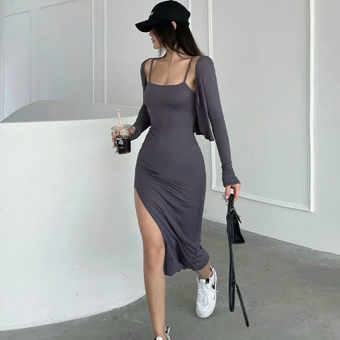 Geumxl Spaghetti Strap Dresses and cardigan for Women Summer Sexy Sleeveless Split Sheath Dress Solid Color Bodycon Dress SS039