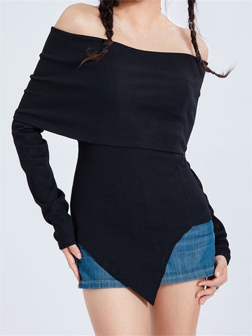 Geumxl Sexy Women Knitted Ribbed T-shirts Tops Long Sleeve Off-shoulder Slash Neck Irregular Hem Solid Slim Tees Shirts 2023